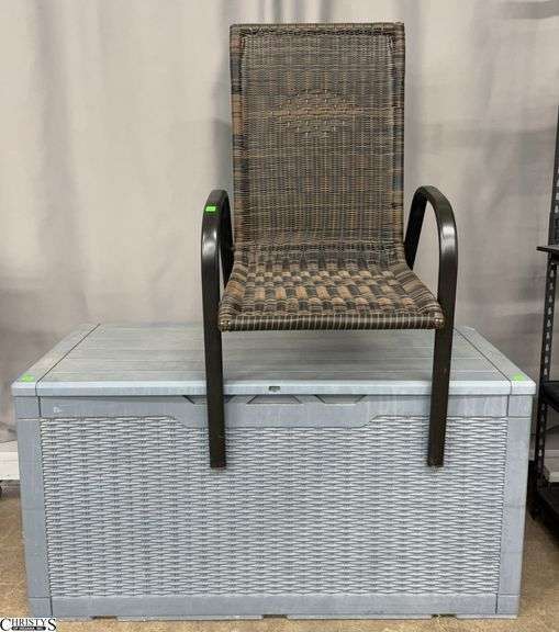 Heavy Plastic Patio Storage Box, Woven Resin Chairs, Various Outdoor Throw Pillows - 48" x 22" x 24" of storage box image