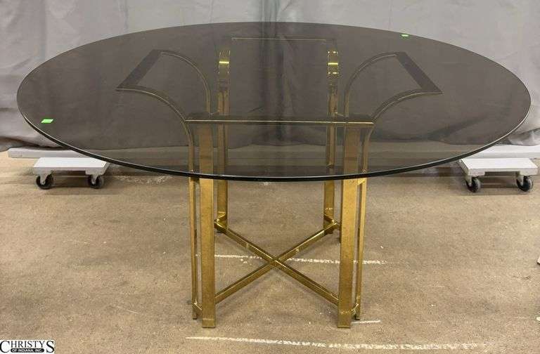 Smoked Glass Top Brass Finish Base Dining Table - 56" x 29" Overall image