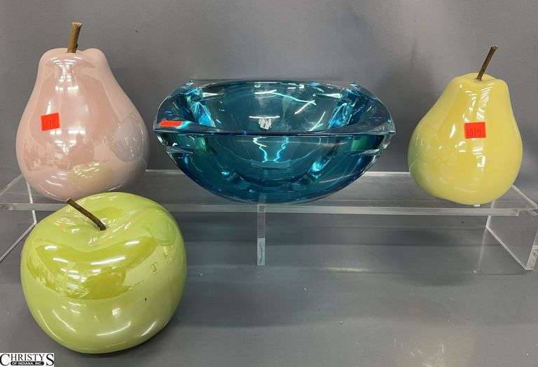Heavy Glass Bowl and 3 Ceramic Fruit Piece - 10" x 10" x 4.5" of bowl image