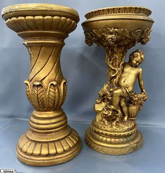 2 Gold Tone Plaster Plant Stands - 20" of tallest - some chipping image