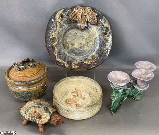 5pcs Studio Pottery - Bowls, Candleholder, Turtle, Lidded Jar - 9" D of largest image