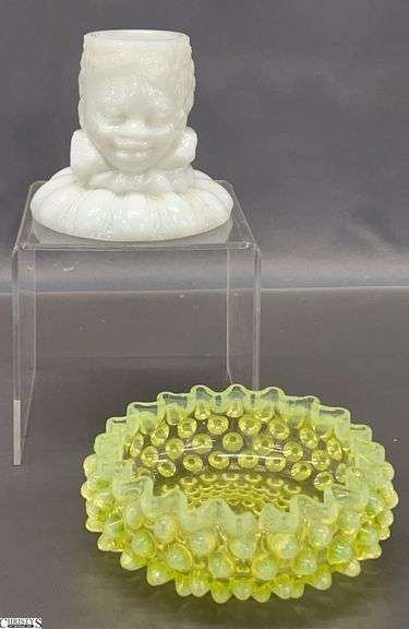 UV Reactive Hobnail Dish and Figural Milk Glass Toothpick Holder- 4.5" D of dish image
