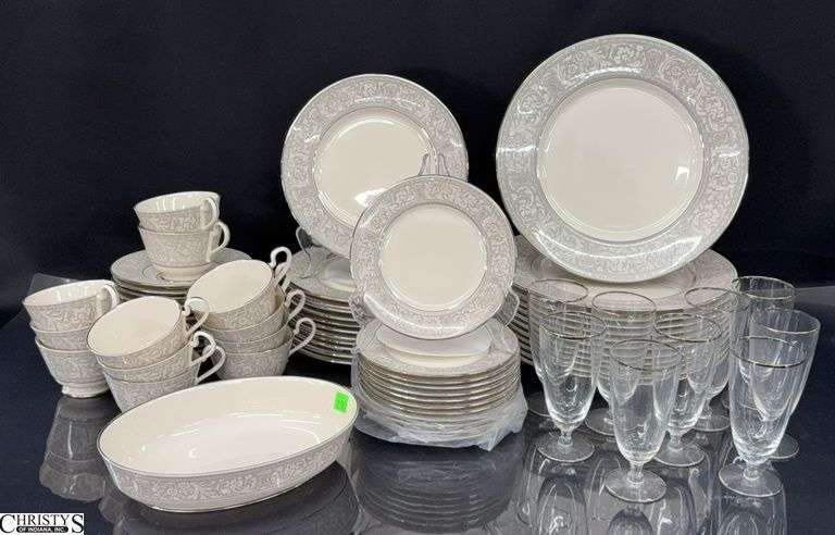 Franciscan "Platinum Renaissance" China Service and Silver Rimmed Glasses - 10.5" of dinner plate - Approx 68pcs image