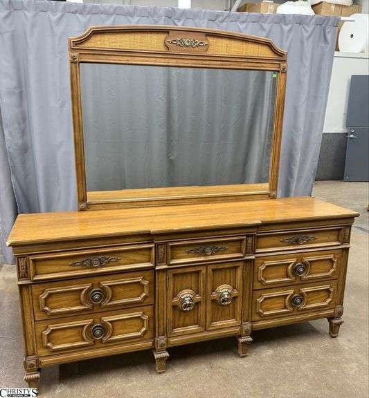 Thomasville 9 Drawer Dresser and Mirror - 78" x 21" x 34" of dresser - some edge/finish wear, scuffing image