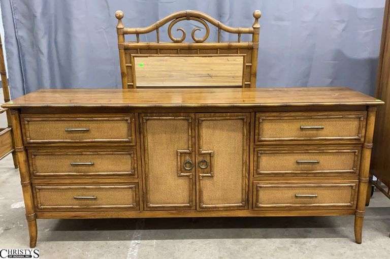 Thomasville Faux Bamboo 9 Drawer Dresser and Mirror - 72" x 19" x 31" image