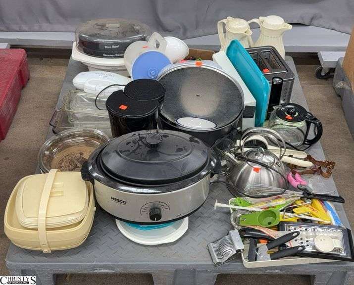 Skid of Kitchen/Cooking Supplies, Slow Cooker, Toaster, Carafe, Coffee Maker, Misc  - SKID NOT INCLUDED image