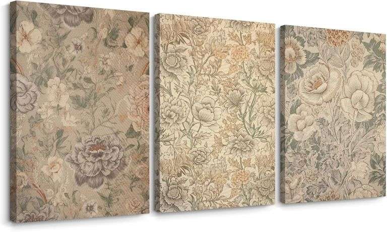 Vintage Floral Canvas Art 16x24 Set of 3