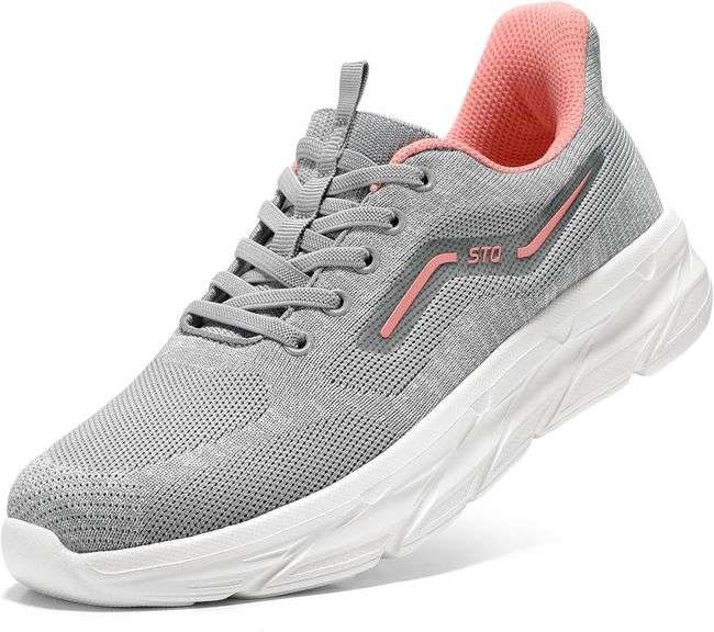 STQ Slip On Sneakers Women, Light Grey/Pink 6.5