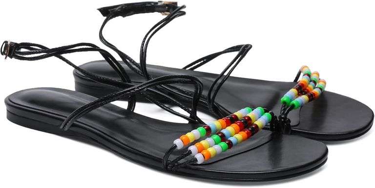 Beaded Flat Sandals Ankle Strap Open Toe Size 8