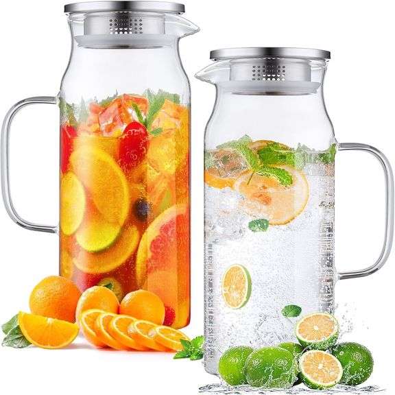2 Pack 2L 68 oz Glass Pitcher with Lid, Bivvclaz