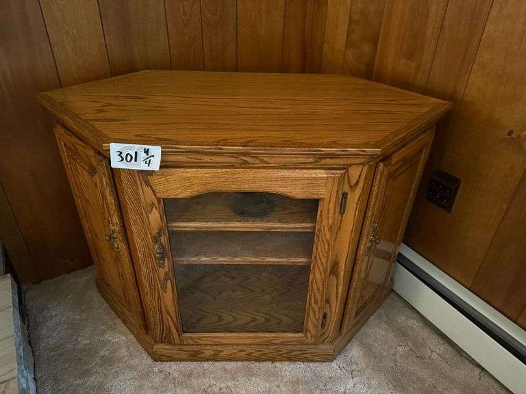 Corner Glass Front Storage Cabinet, (2) Side Tables with Lamps, Coffee Table image