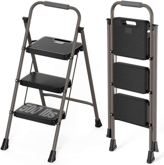 AKARY 3 Step Ladder Folding Stool, Portable Steel image