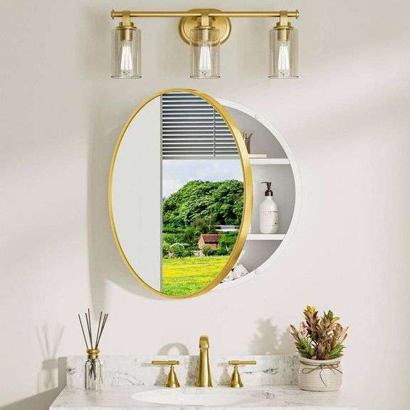 24x24 Round Gold White Cabinet with Mirror image