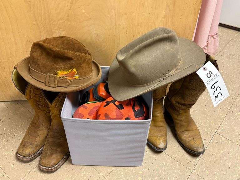 (2) Pairs of Cowboy Boots, (2) Hats, Hunting Gear image