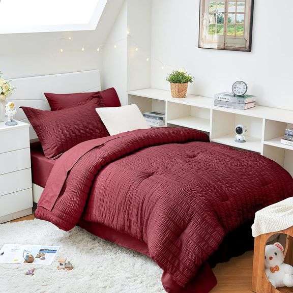 HYMOKEGE Burgundy Twin XL Comforter Set, 5 Pieces image