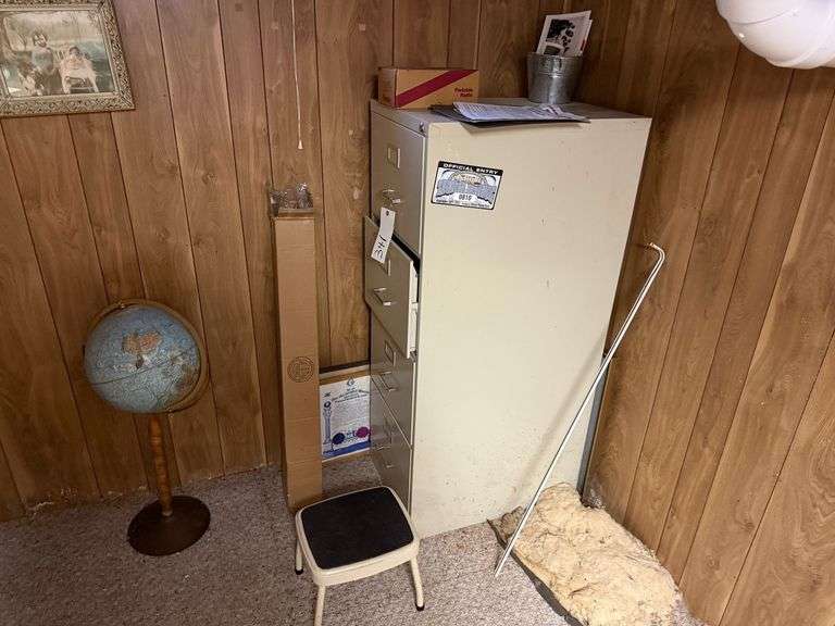 Metal Filing Cabinet, Step Stool, Globe image