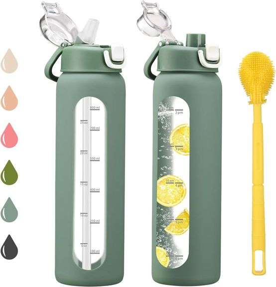 32 oz Glass Water Bottle with 2 Lids Olive image