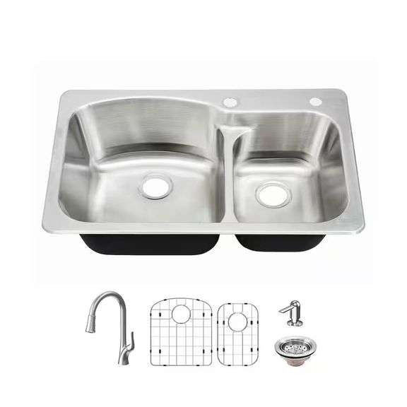 Glacier Bay 33" Drop-In Sink, 60/40, 18G + Faucet image