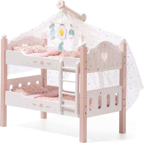 ROBOTIME Baby Doll Bunk Beds, Wooden Crib, Pink image