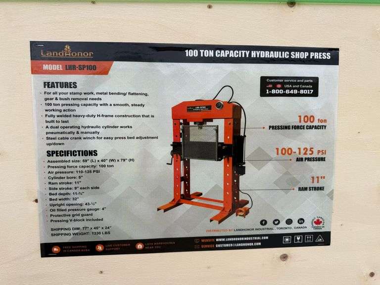 2025 Land Honor SP100 100 Ton Capacity Hydraulic Shop Press image