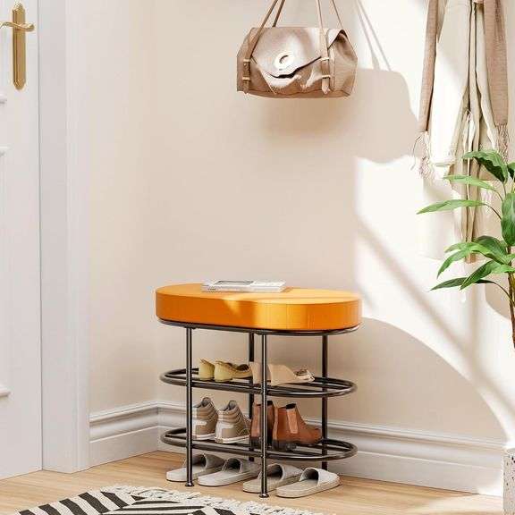 Shoe Bench with Cushion, 3-Tier Rack, Brown image