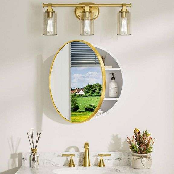 Round Gold/White Medicine Cabinet with Mirror image