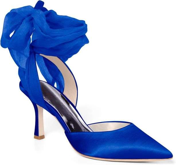 Womens Lace-Up Satin Heels Bow Pointed Toe Pumps Size 5 image