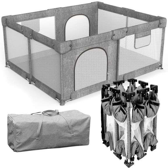 Foldable Baby Playpen with Gate - 59x71" Grey image