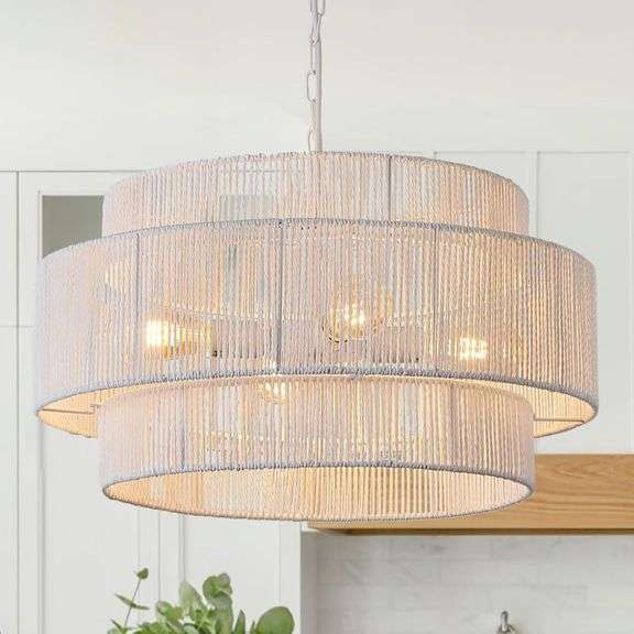 Rattan Chandelier, 22.8" White Pendant Lights image