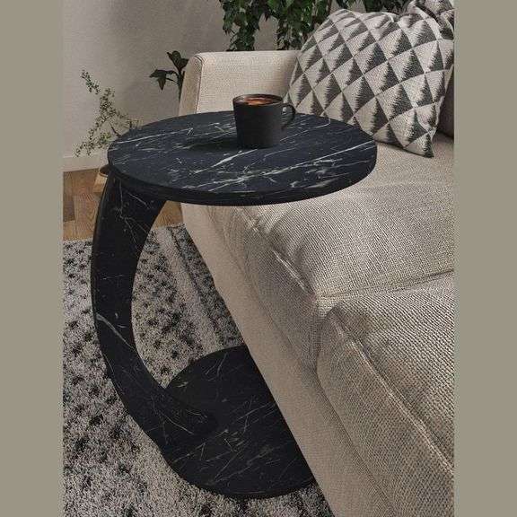 C Shaped End Table for Couch, Faux Marble, Black image