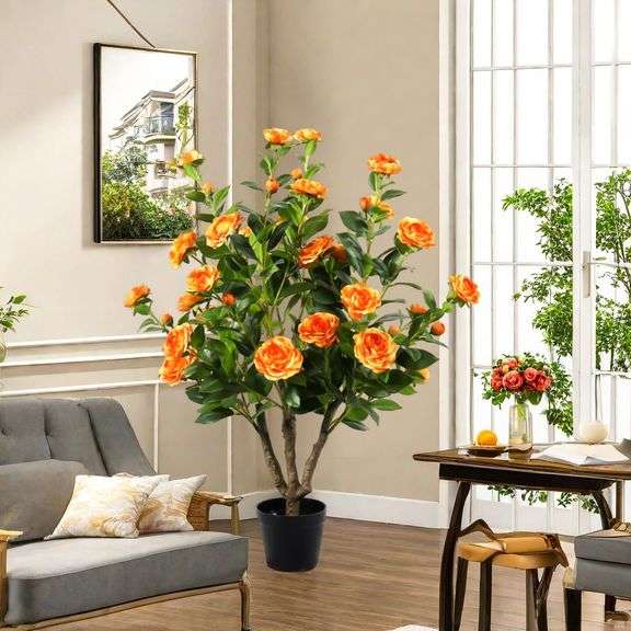 Camellia Rose Tree 42" Orange Blooms in Black Pot image