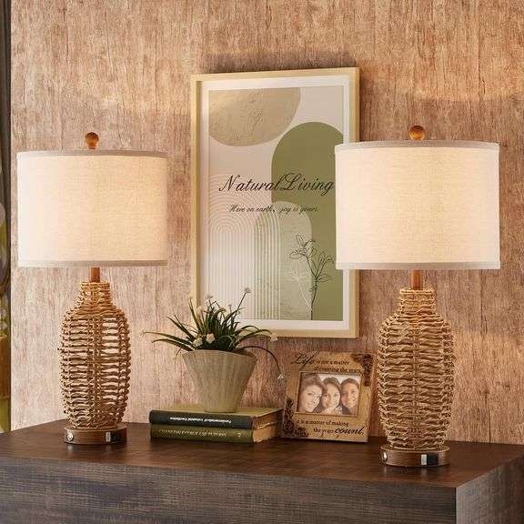 Rattan Table Lamps Set of 2, 3-Way Dimmable USB image
