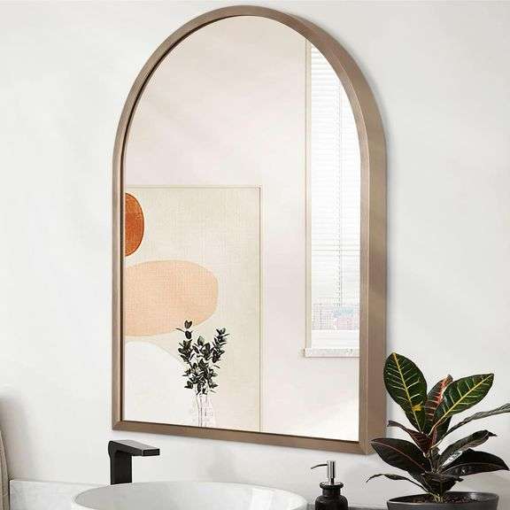 Brass Arch Wall Mirror 26x18 Metal Framed Vanity image