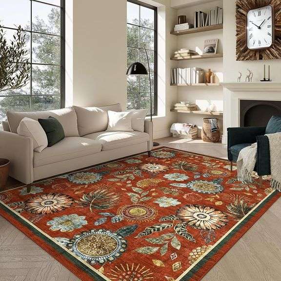 Garveehome 10x14 Floral Rug, Non-Slip, Red image