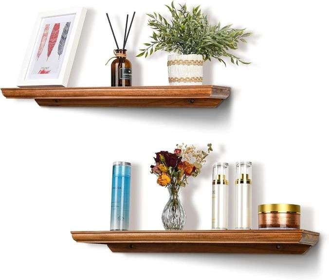 Walnut Wood Floating Ledge Shelves 2x24" Crown image