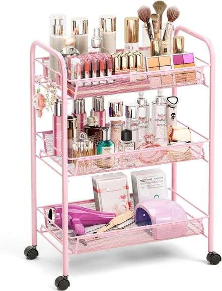 TOOLF 3-Tier Rolling Utility Cart, Metal, Pink image