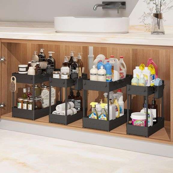 4 Pack Under Sink Organizer with Hooks, Black image