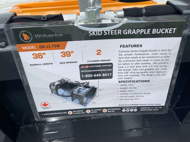 2025 Wolverine GB-11-72W Skid Steer Grapple Bucket