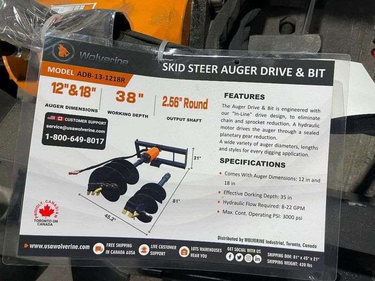 2025 Wolverine ADB-13-1218R Skid Steer Auger Attachment