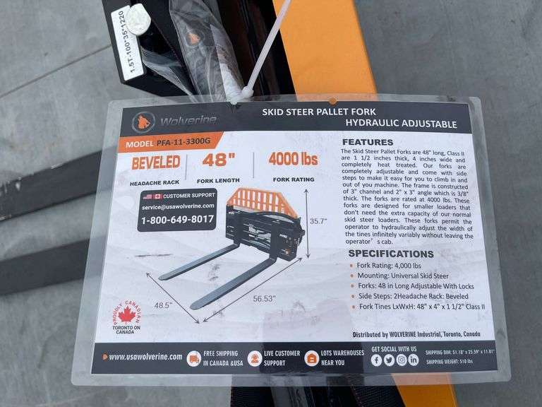 2025 Wolverine PFA-11-3300G Hydraulic Adjustable Skid Steer Pallet Fork