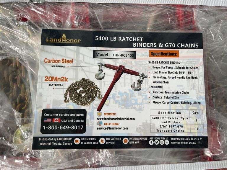 Pallet of Land Honor (8) 5400lb Ratchet Binders and (16) 5/16"x20' G70 Chains