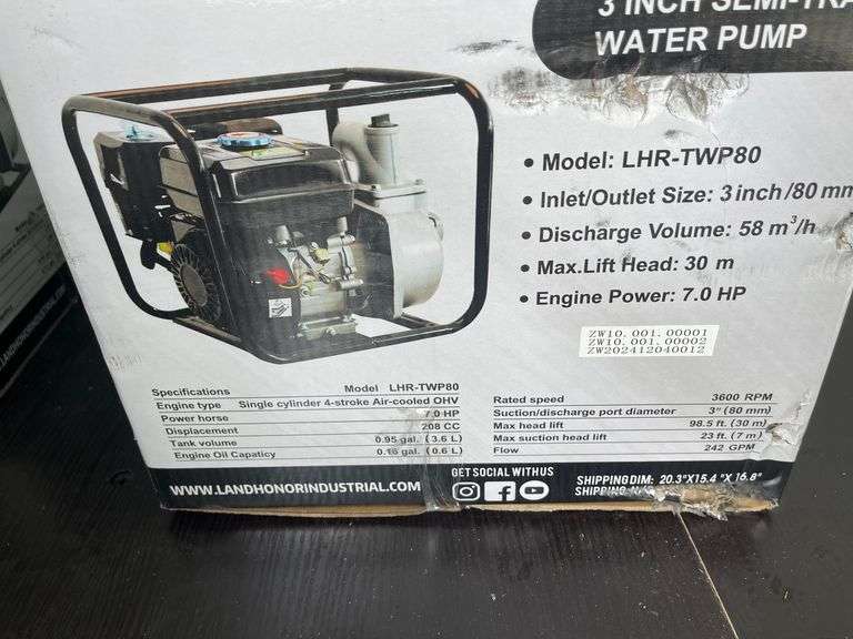 2025 Land Honor LHR-TWP80 7HP Gas 3" Semi-Trash Water Pump