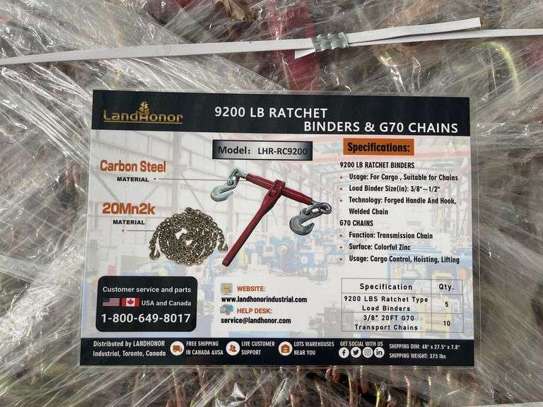 Pallet of Land Honor (5) 9200lb Ratchet Binders & (10) G70 3/8"x20' Chains