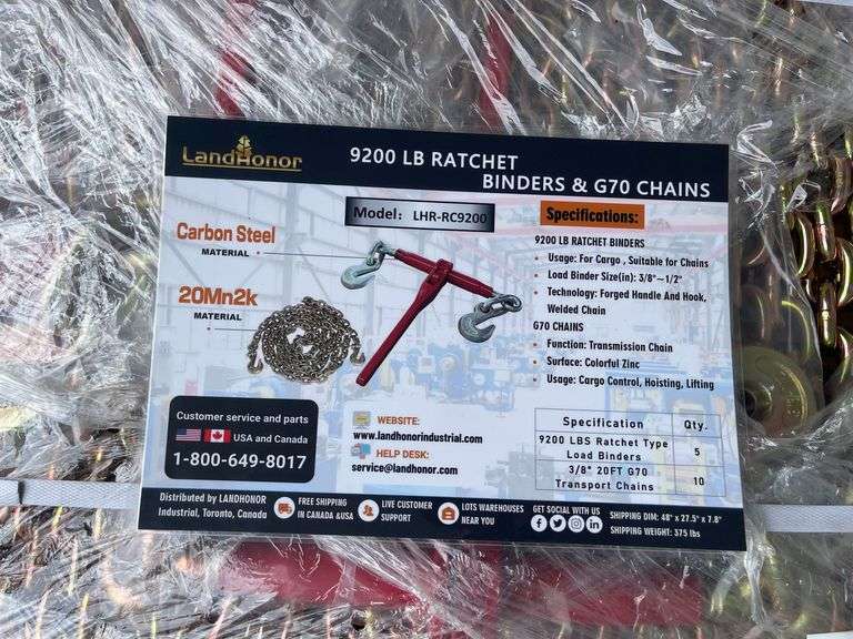 Pallet of Land Honor (5) 9200lb Ratchet Binders & (10) G70 3/8"x20' Chains