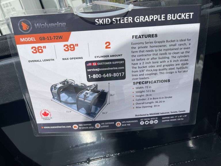 2025 Wolverine GB-11-72W Skid Steer Grapple Bucket