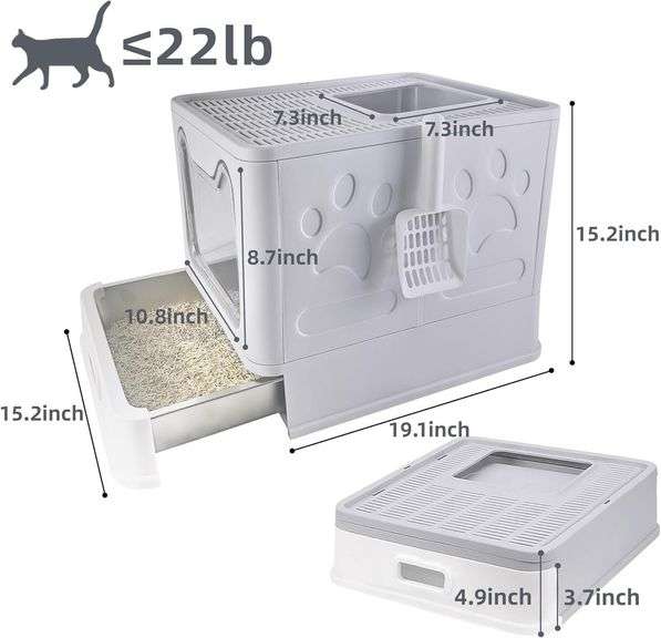 Foldable Litter Box, Front Entry/Top Exit, Gray