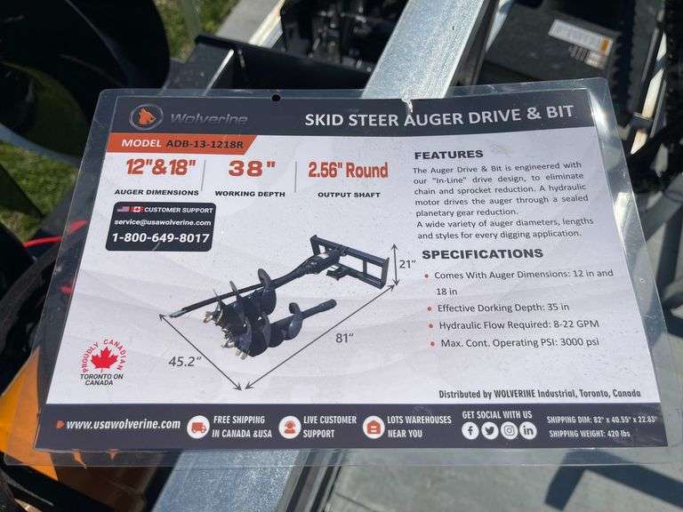 2025 Wolverine ADB-13-1218R Skid Steer Auger Drive with 2 Augers