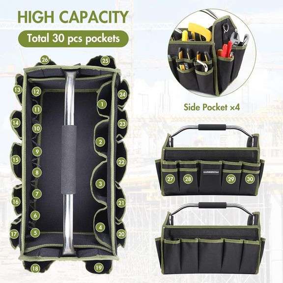 16 In Electrician Tool Bag, Heavy Duty, 30 Pockets