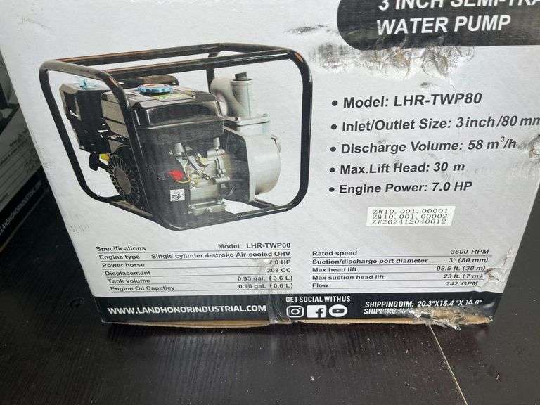 2025 Land Honor LHR-TWP80 7HP Gas 3" Semi-Trash Water Pump