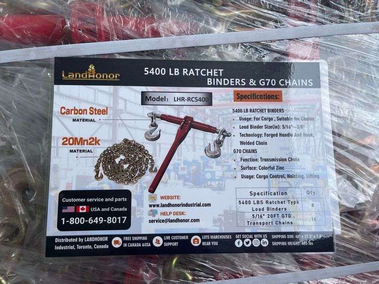 Pallet of Land Honor (8) 5400lb Ratchet Binders and (16) 5/16"x20' G70 Chains
